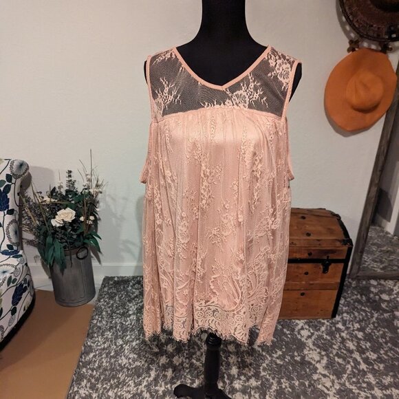RAIN Rose Pink Lace Top w/ Peekaboo Sleeves | Size XL - Picture 1 of 5